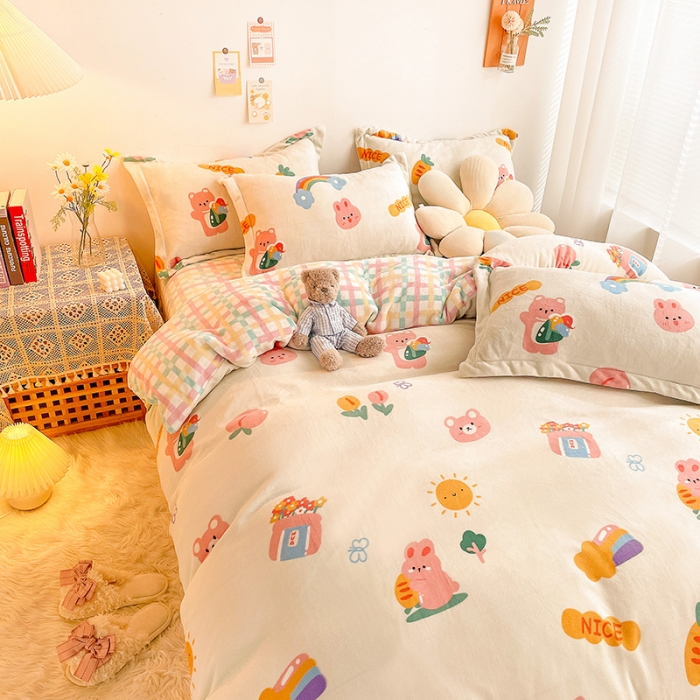 91家纺网 家纺一手货源 找家纺 沐棉 2021新款卡通牛奶绒四件套新拍 萝卜兔