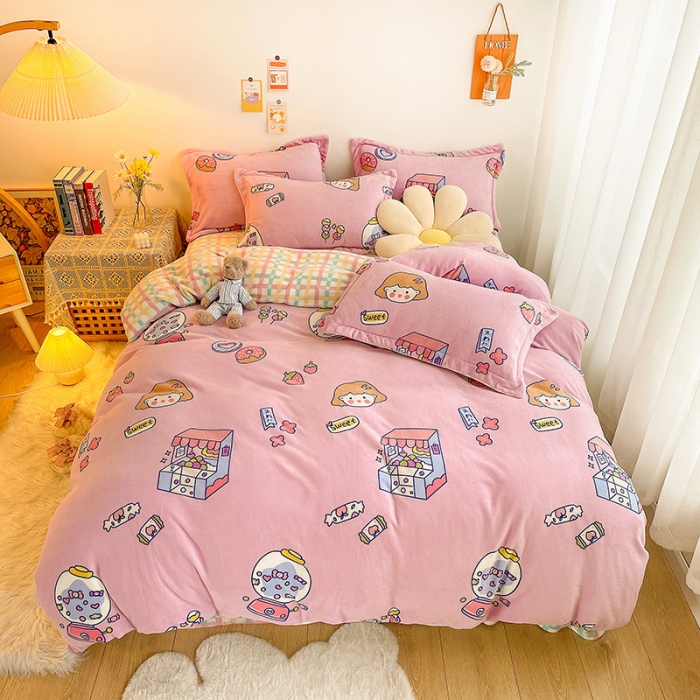 91家纺网 家纺一手货源 找家纺 沐棉 2021新款卡通牛奶绒四件套新拍 糖果女孩