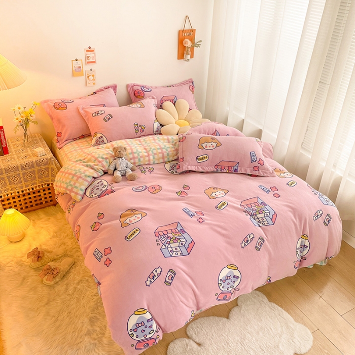 91家纺网 家纺一手货源 找家纺 沐棉 2021新款卡通牛奶绒四件套新拍 糖果女孩