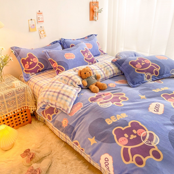 91家纺网 家纺一手货源 找家纺 沐棉 2021新款卡通牛奶绒四件套新拍 顽皮熊