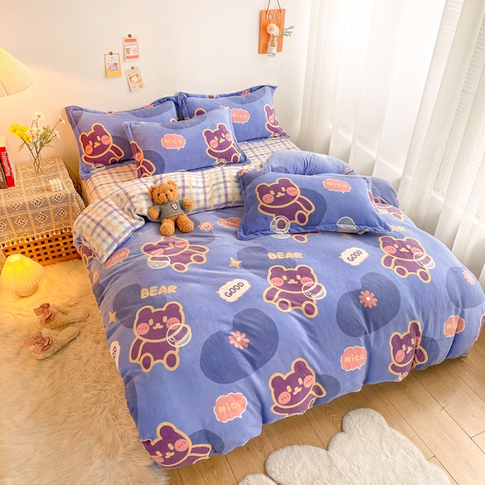 91家纺网 家纺一手货源 找家纺 沐棉 2021新款卡通牛奶绒四件套新拍 顽皮熊