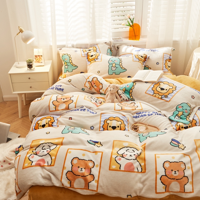 91家纺网 家纺一手货源 找家纺 佰亿莱 2024新款高克重牛奶绒印花四件套 动物世界