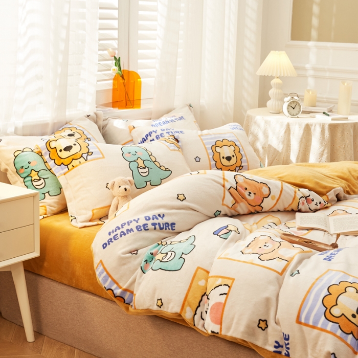 91家纺网 家纺一手货源 找家纺 佰亿莱 2024新款高克重牛奶绒印花四件套 动物世界