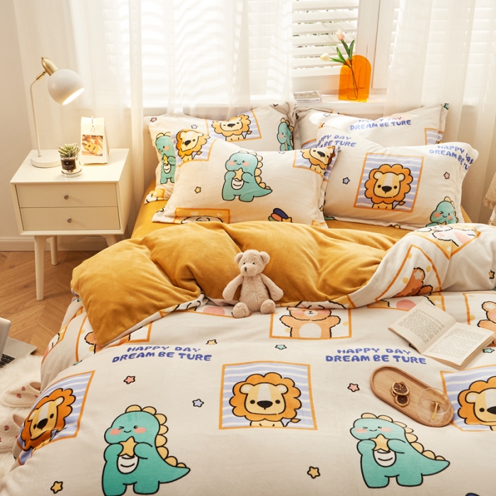 91家纺网 家纺一手货源 找家纺 佰亿莱 2024新款高克重牛奶绒印花四件套 动物世界