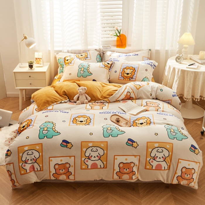 91家纺网 家纺一手货源 找家纺 佰亿莱 2024新款高克重牛奶绒印花四件套 动物世界