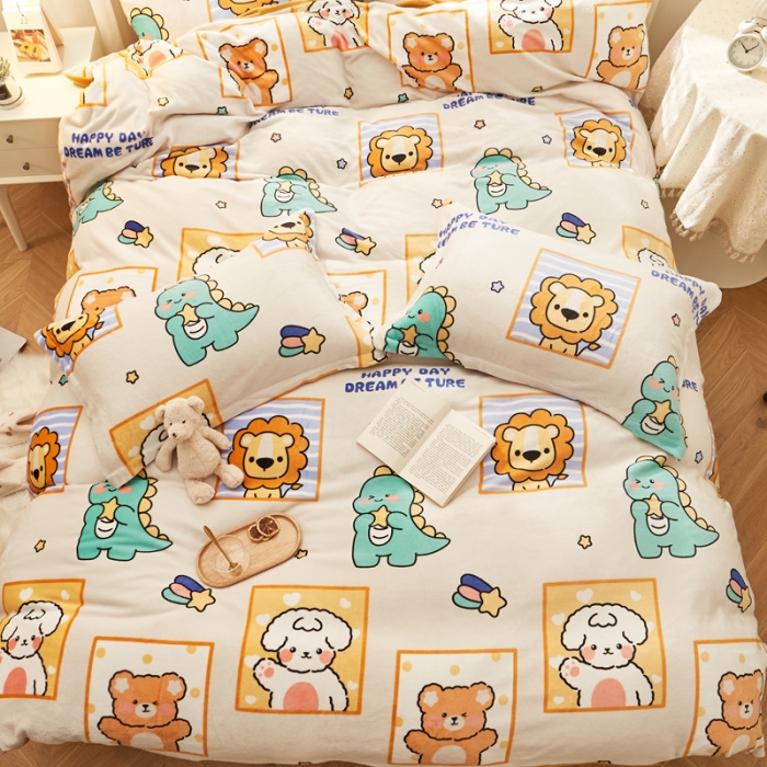 91家纺网 家纺一手货源 找家纺 佰亿莱 2024新款高克重牛奶绒印花四件套 动物世界