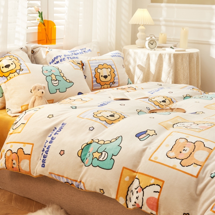 91家纺网 家纺一手货源 找家纺 佰亿莱 2024新款高克重牛奶绒印花四件套 动物世界