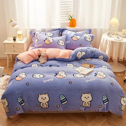 91家纺网 家纺一手货源 找家纺 佰亿莱 2024新款高克重牛奶绒印花四件套 牛奶猫