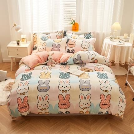 91家纺网 家纺一手货源 找家纺 佰亿莱 2024新款高克重牛奶绒印花四件套 七彩兔