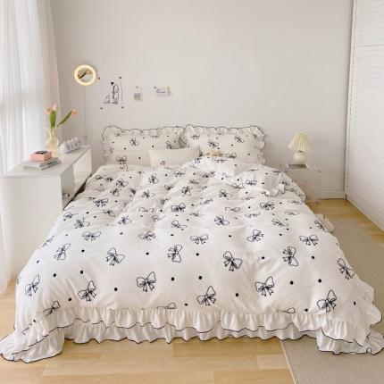 91家纺网 家纺一手货源 找家纺 漫调 2021新款ins风波点黑白系列小清新牛奶绒床盖四件套 蝴蝶结