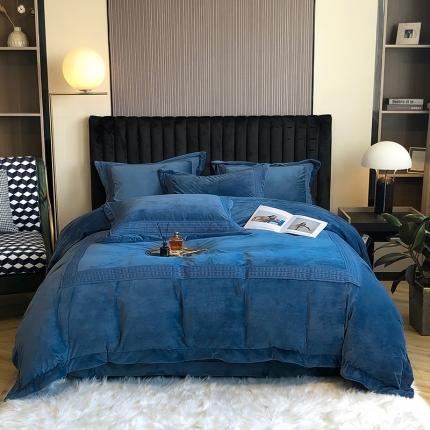 91家纺网 家纺一手货源 找家纺 淼铭家纺新款A类婴肤绒水溶花边牛奶绒四件套-雅系列雅-海港蓝