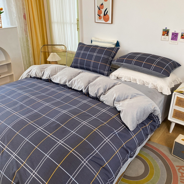 91家纺网 家纺一手货源 找家纺 珺柔家纺2021新款全棉印花水晶绒四件套黑格子