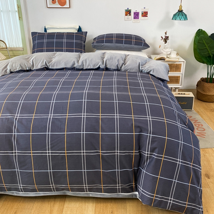 91家纺网 家纺一手货源 找家纺 珺柔家纺2021新款全棉印花水晶绒四件套黑格子