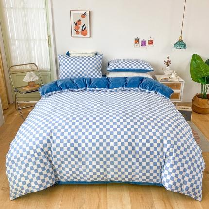 91家纺网 家纺一手货源 找家纺 珺柔家纺2021新款全棉印花水晶绒四件套棋盘格蓝色PPP
