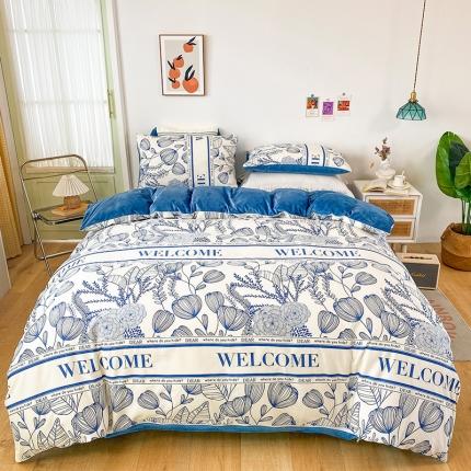 91家纺网 家纺一手货源 找家纺 珺柔家纺2021新款全棉印花水晶绒四件套绣球花蓝PPP