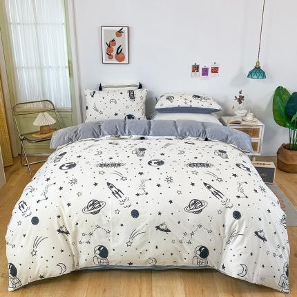 91家纺网 家纺一手货源 找家纺 珺柔家纺2021新款全棉印花水晶绒四件套宇宙白