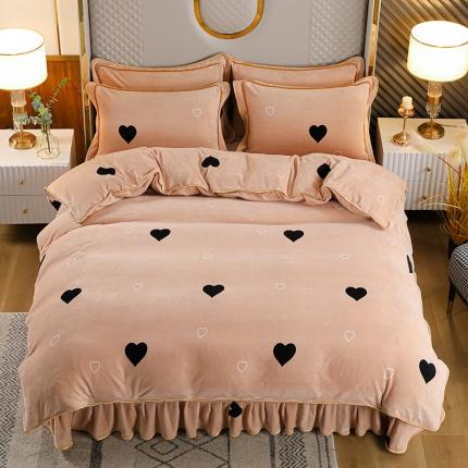 91家纺网 家纺一手货源 找家纺 U品汇2021新品金貂法莱绒加厚保暖牛奶绒床裙四件套爱心满满