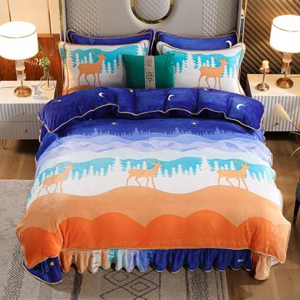 91家纺网 家纺一手货源 找家纺 U品汇2021新品金貂法莱绒加厚保暖牛奶绒床裙四件套丛林密语