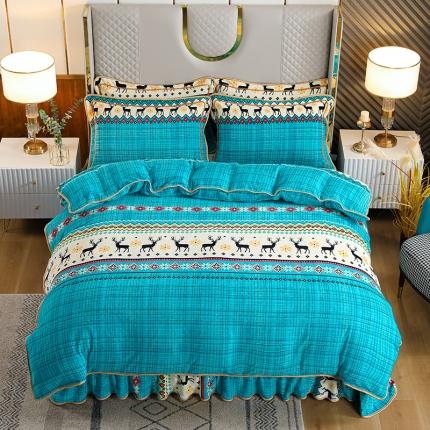 91家纺网 家纺一手货源 找家纺 U品汇2021新品金貂法莱绒加厚保暖牛奶绒床裙款四件套招财鹿