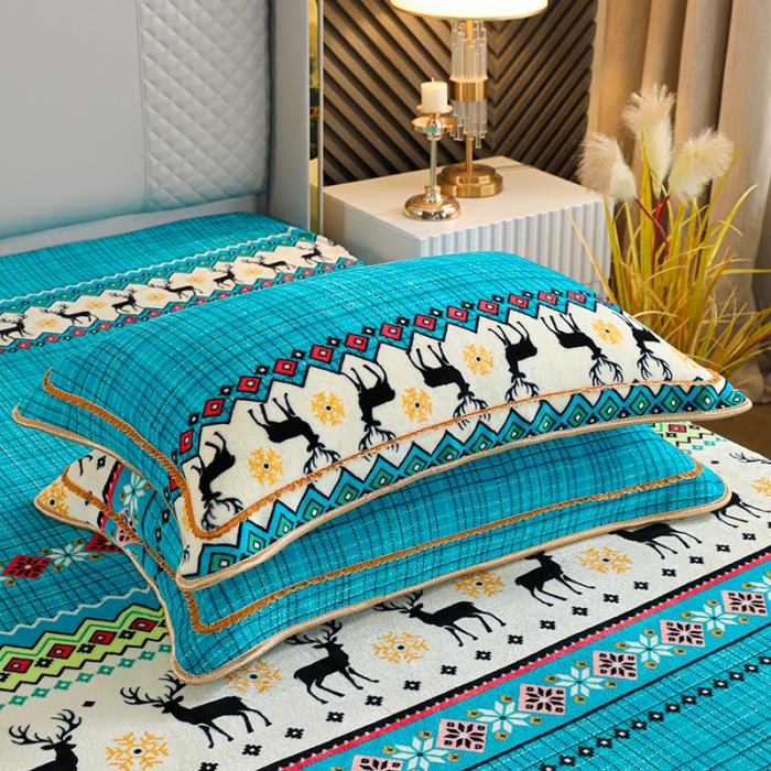 91家纺网 家纺一手货源 找家纺 U品汇2021新品金貂法莱绒加厚保暖牛奶绒床裙款四件套招财鹿