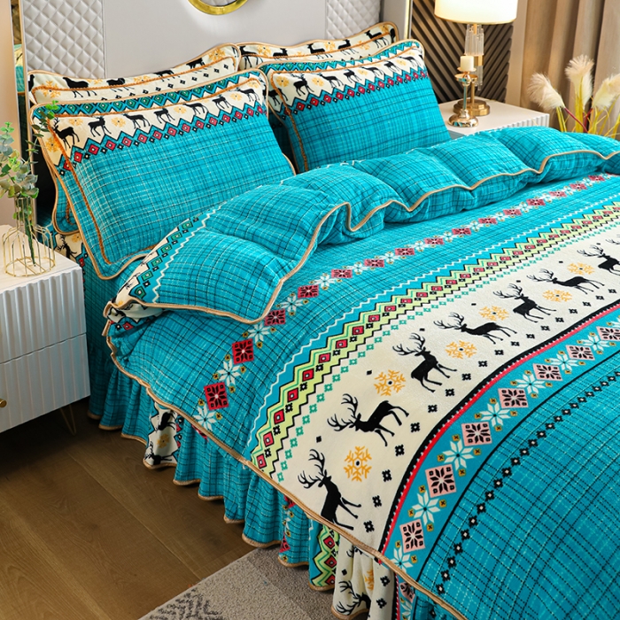 91家纺网 家纺一手货源 找家纺 U品汇2021新品金貂法莱绒加厚保暖牛奶绒床裙款四件套招财鹿