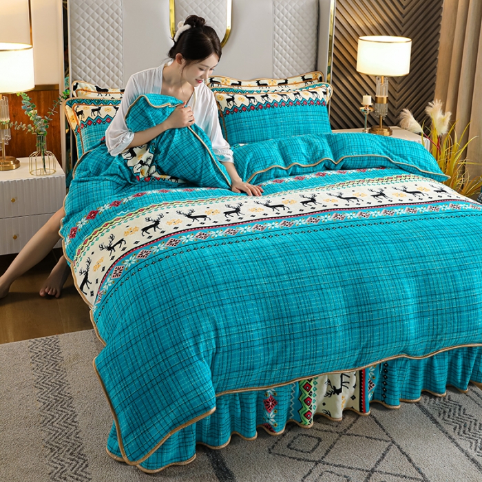 91家纺网 家纺一手货源 找家纺 U品汇2021新品金貂法莱绒加厚保暖牛奶绒床裙款四件套招财鹿