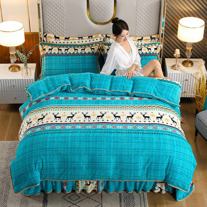 91家纺网 家纺一手货源 找家纺 U品汇2021新品金貂法莱绒加厚保暖牛奶绒床裙款四件套招财鹿