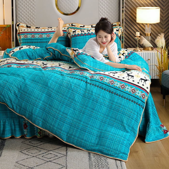 91家纺网 家纺一手货源 找家纺 U品汇2021新品金貂法莱绒加厚保暖牛奶绒床裙款四件套招财鹿