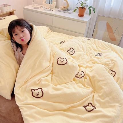 雅居纺 2022新款牛奶绒毛巾绣四件套拍摄风格1 可爱熊-黄咖