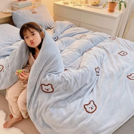 雅居纺 2022新款牛奶绒毛巾绣四件套拍摄风格1 可爱熊-蓝灰