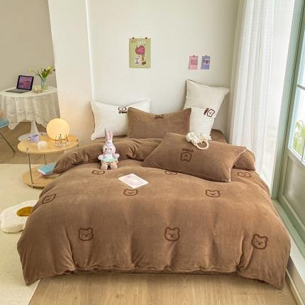 雅居纺 2022新款牛奶绒毛巾绣四件套拍摄风格2 可爱熊-咖