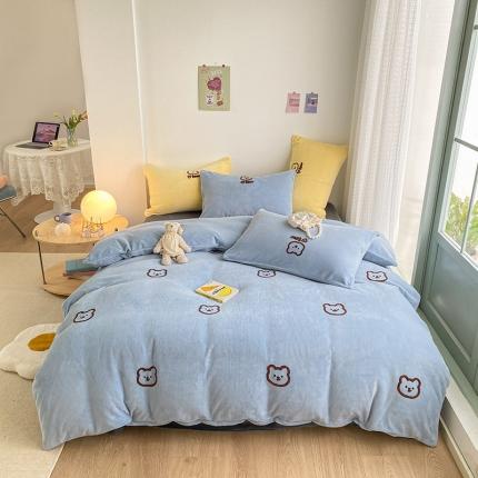 雅居纺 2022新款牛奶绒毛巾绣四件套拍摄风格2 可爱熊-蓝灰