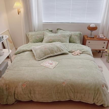 雅居纺 2022新款泰迪绒绣花四件套拍摄风格1 许愿星-果绿