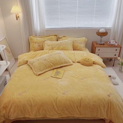 91家纺网 家纺一手货源 找家纺 雅居纺 2022新款泰迪绒绣花四件套拍摄风格1 许愿星-姜黄