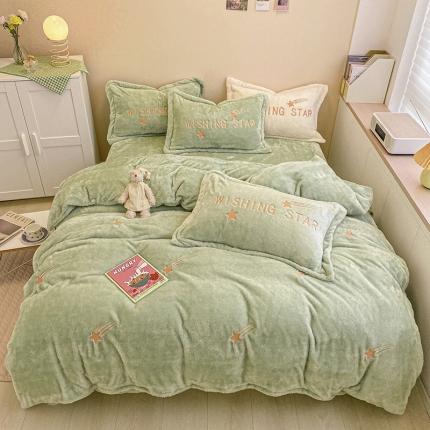 雅居纺 2022新款泰迪绒绣花四件套拍摄风格2 许愿星-果绿
