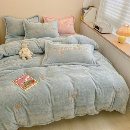 91家纺网 家纺一手货源 找家纺 雅居纺 2022新款泰迪绒绣花四件套拍摄风格2 许愿星-蓝