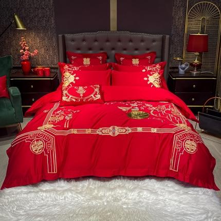 千禧 2021新款婚庆双面100支长绒棉婚庆绣花套件天长地久