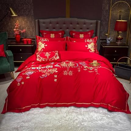 91家纺网 家纺一手货源 找家纺 千禧 2021新款婚庆双面100支长绒棉婚庆绣花套件意中人