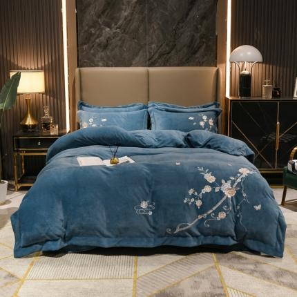 91家纺网 家纺一手货源 找家纺 诗黛尔2021新款秋冬保暖牛奶绒绣花四件套 花榭芬芳 宾利蓝