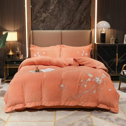 91家纺网 家纺一手货源 找家纺 诗黛尔2021新款秋冬保暖牛奶绒绣花四件套 花榭芬芳 活力橙