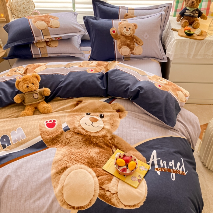 91家纺网 家纺一手货源 找家纺 金爱家 2021新款大版秋冬纯棉磨毛四件套 爱心熊