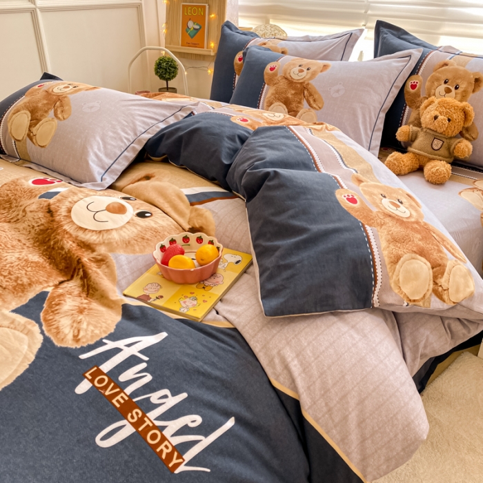 91家纺网 家纺一手货源 找家纺 金爱家 2021新款大版秋冬纯棉磨毛四件套 爱心熊