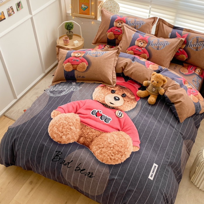 91家纺网 家纺一手货源 找家纺 金爱家 2021新款大版秋冬纯棉磨毛四件套 宝宝熊