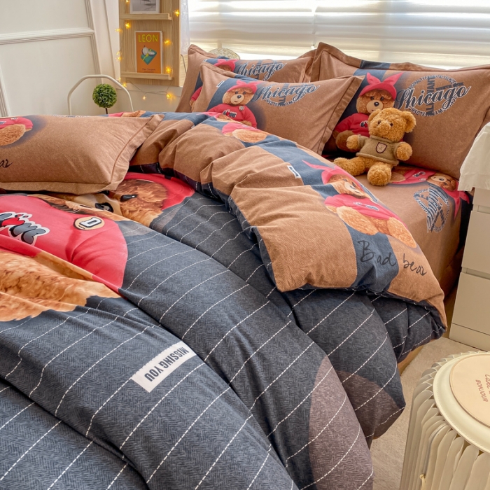 91家纺网 家纺一手货源 找家纺 金爱家 2021新款大版秋冬纯棉磨毛四件套 宝宝熊