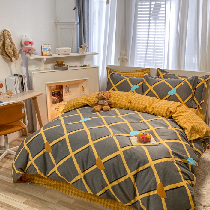 91家纺网 家纺一手货源 找家纺 金爱家 2021新款大版秋冬纯棉磨毛四件套 网格