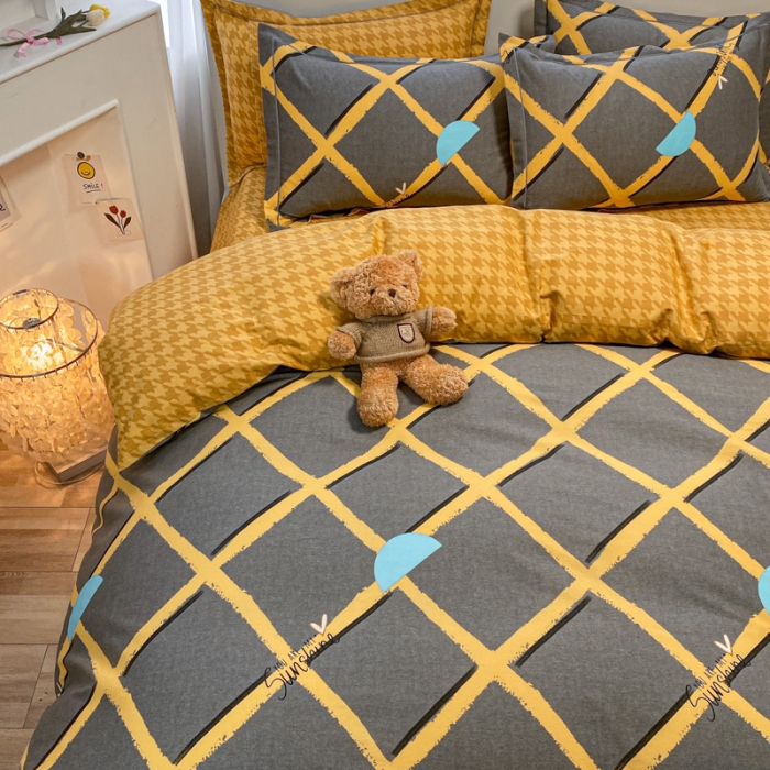 91家纺网 家纺一手货源 找家纺 金爱家 2021新款大版秋冬纯棉磨毛四件套 网格