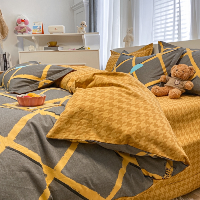 91家纺网 家纺一手货源 找家纺 金爱家 2021新款大版秋冬纯棉磨毛四件套 网格