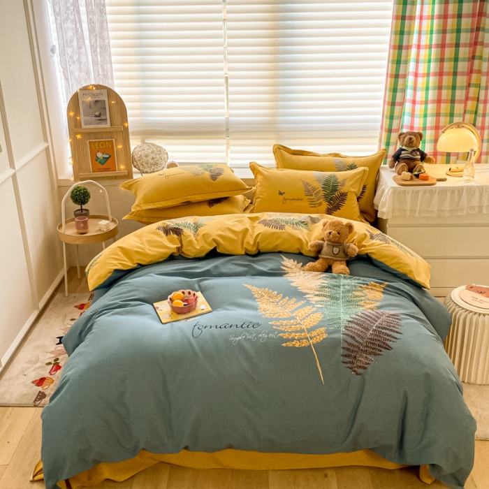 91家纺网 家纺一手货源 找家纺 金爱家 2021新款大版秋冬纯棉磨毛四件套 叶语浪漫