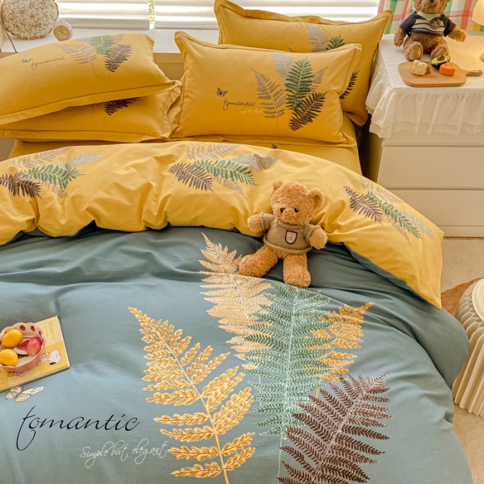 91家纺网 家纺一手货源 找家纺 金爱家 2021新款大版秋冬纯棉磨毛四件套 叶语浪漫