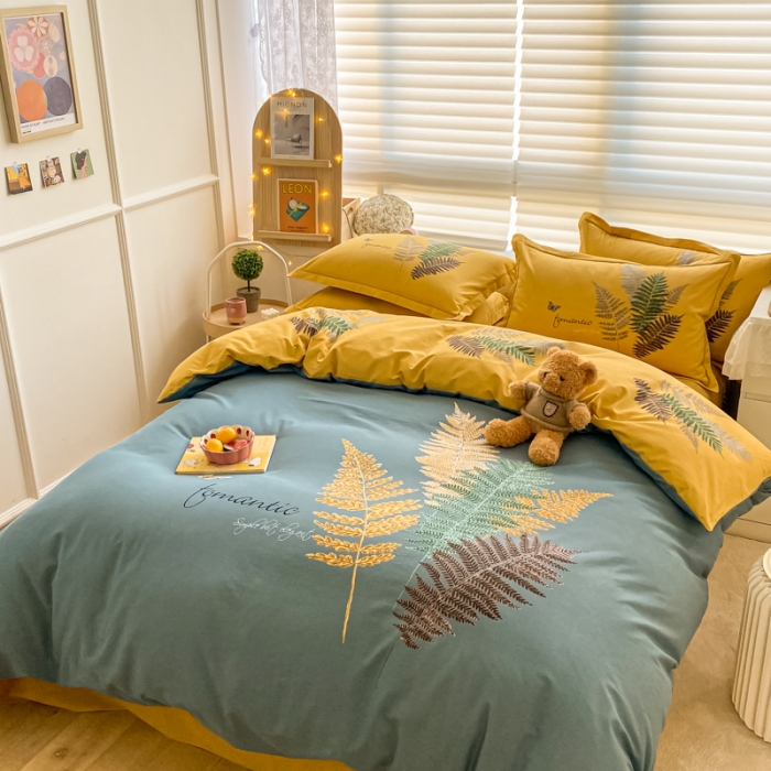 91家纺网 家纺一手货源 找家纺 金爱家 2021新款大版秋冬纯棉磨毛四件套 叶语浪漫